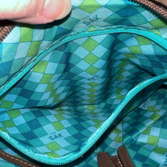 The Sak Taupe Crochet Shoulder Bag With Adjustable Strap & Argyle Lining - Picture 7 of 8